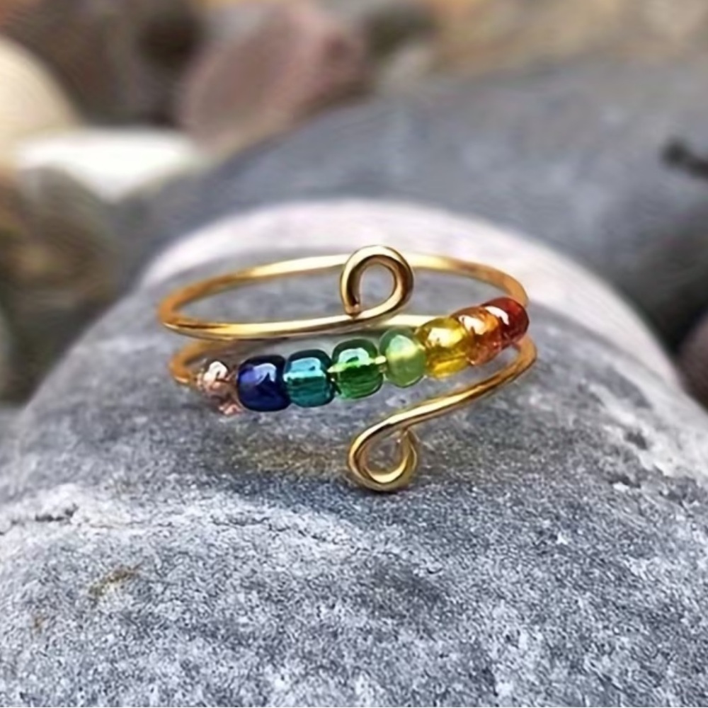 Colorful Beaded Gold Ring 3 pack